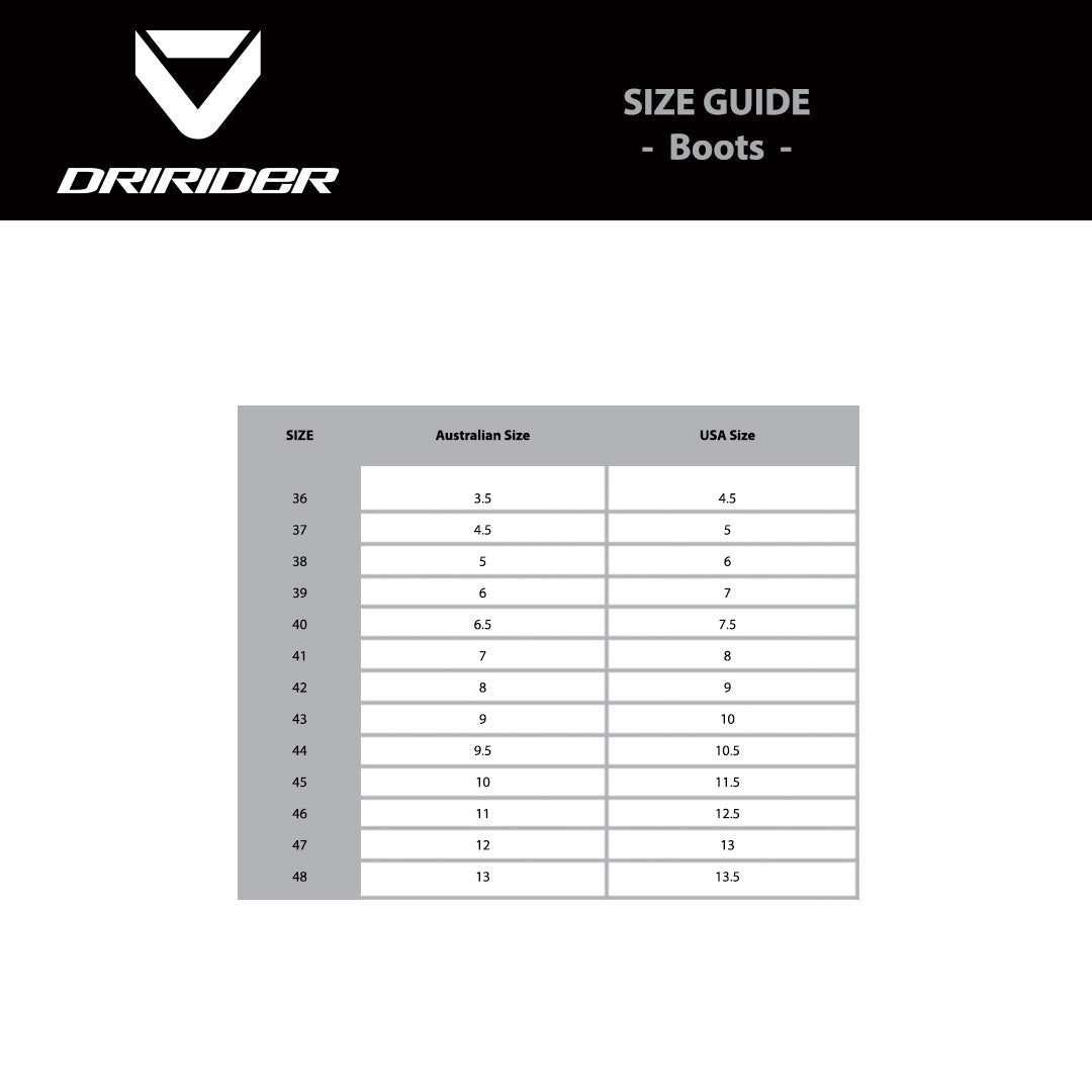 DRIRIDER Size Chart - Boots