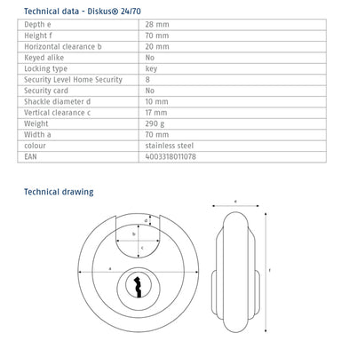 ABUS 24/70 Diskus Padlock Tech Data