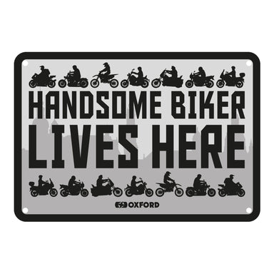 Oxford Garage Metal Sign: Handsome Biker Lives Here