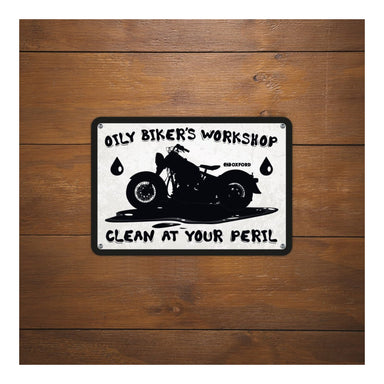 Oxford Garage Metal Sign: Oily Biker's Workshop