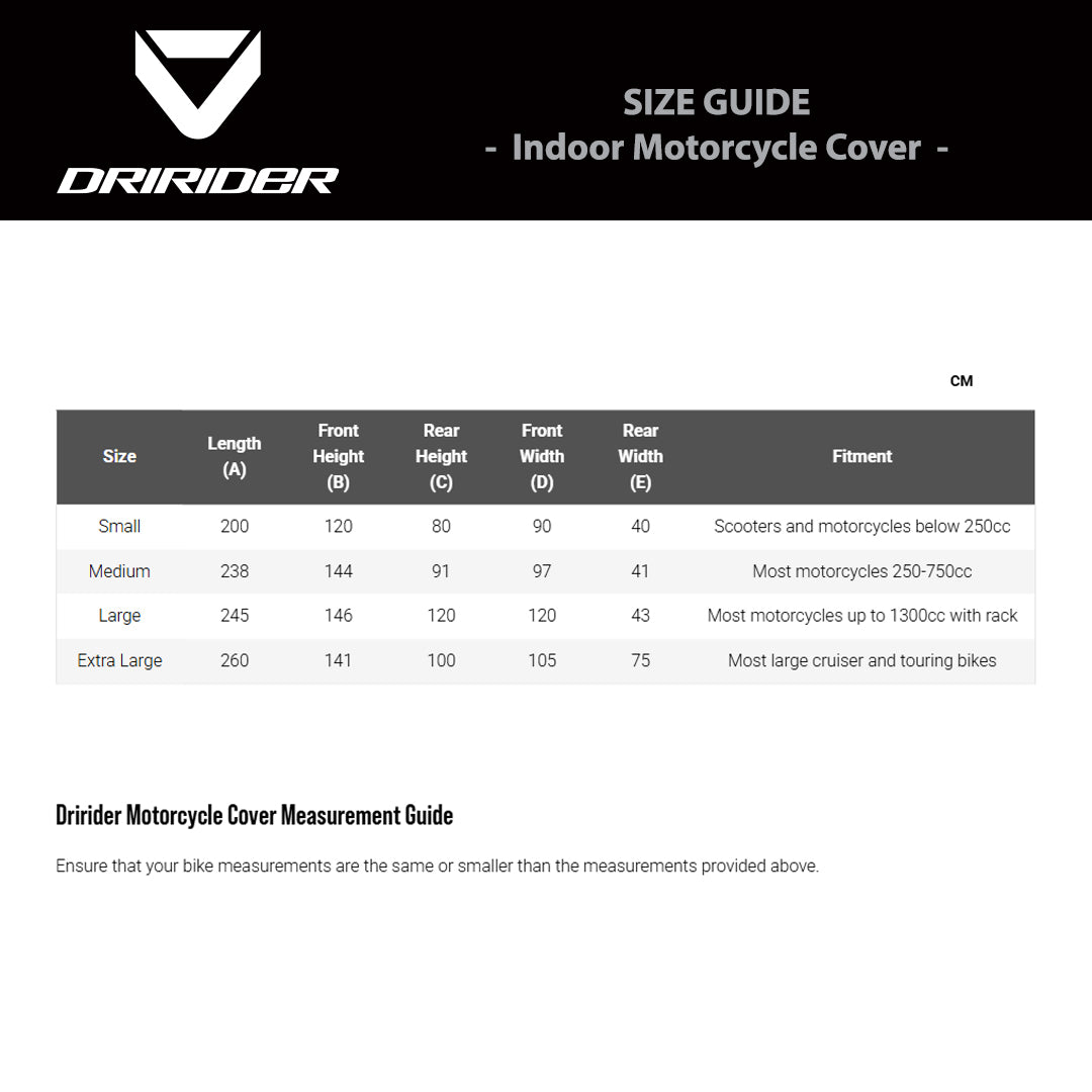 DRIRIDER Size Chart - Indoor Bike Covers