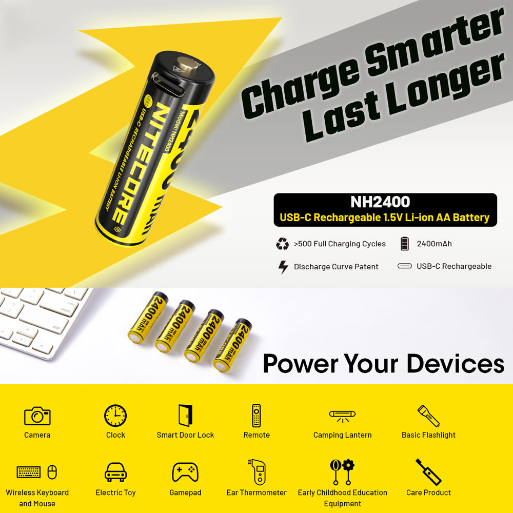 NITECORE LI-ION RECHARGEABLE USB-C AA BATTERY 2400MAH 1.5V 1PK