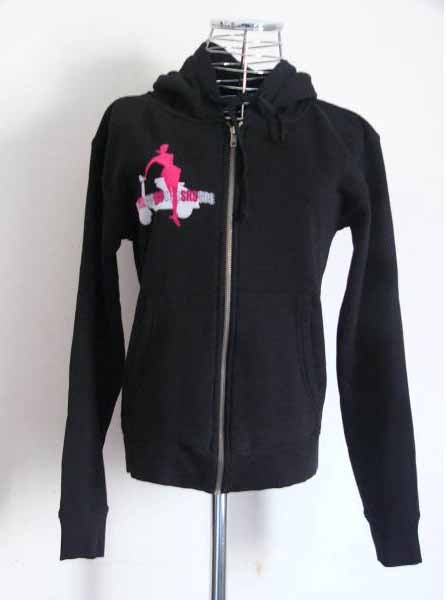 Zip Scooter Girl is a black, 100% cotton zippered sweatshirt with a fleece-lined hood